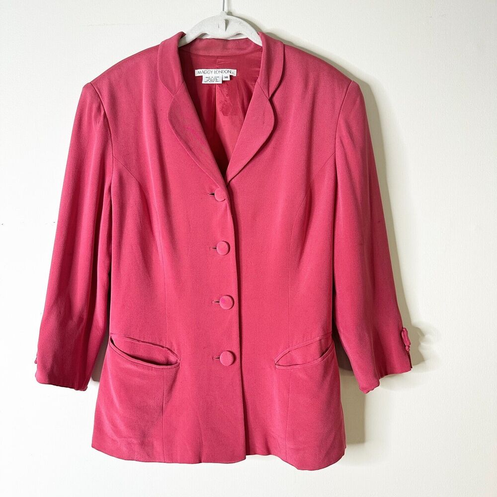 Maggy London Blazer Women 14 Pink Vtg Y2K Jacket 100% Silk Bohemian Boho Twee